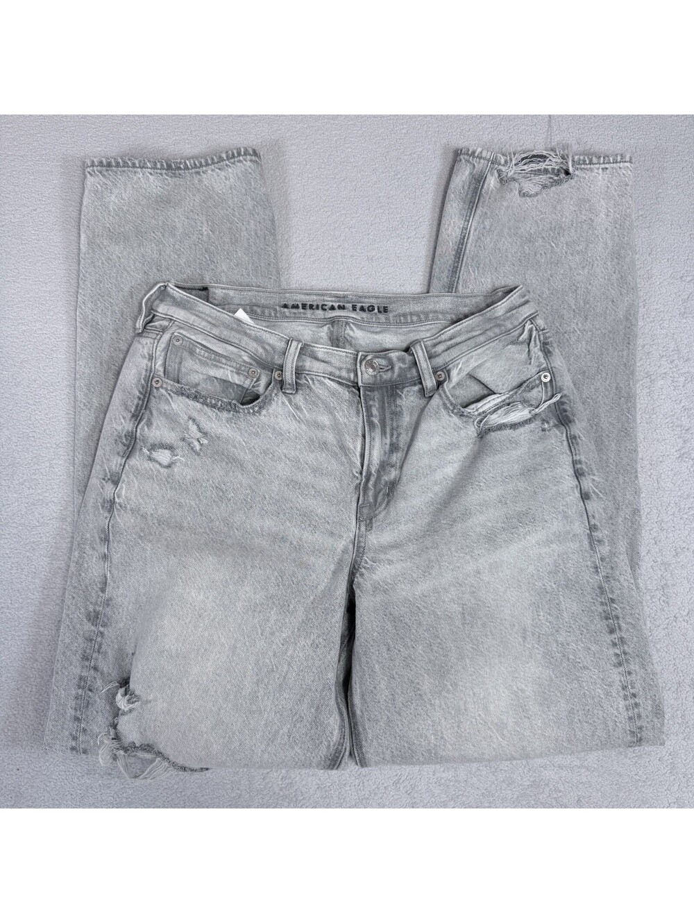 American Eagle 90s Women's Distressed Straight Jeans Size 10 Grey Denim